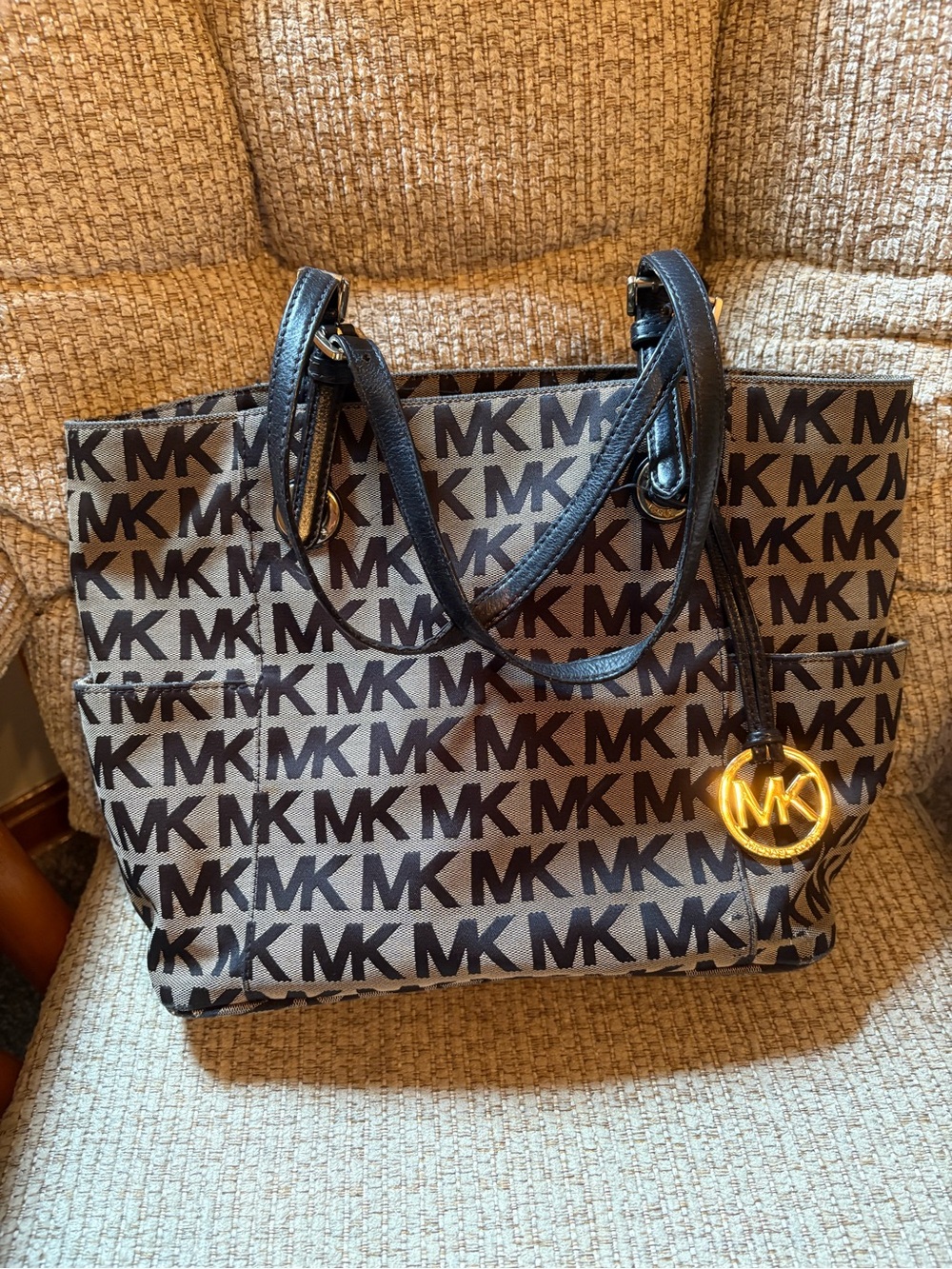 Michael Kors Black and Brown MK Logo Tote with Gold Charm